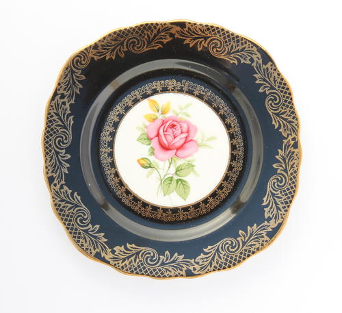 Imperial black and gold with rose fine bone china tea trio - cake plate
