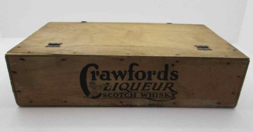 Vintage Crawford Liqueurs Scotch Whiskey Seasonal Greetings Wooden Crate With Leather Handle