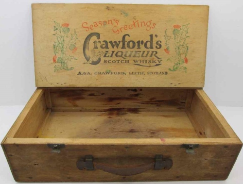 Vintage Crawford Liqueurs Scotch Whiskey Seasonal Greetings Wooden Crate With Leather Handle