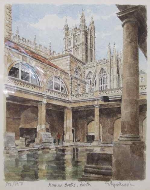 "Roman Baths, Bath" Signed Lithographic Print, Mounted On Board, Sealed In Plastic