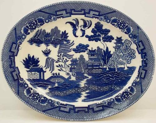 Willow Pattern Oval Serving Plate Made In Occupied Japan - 36,5cm/28,5cm (Large Chip)
