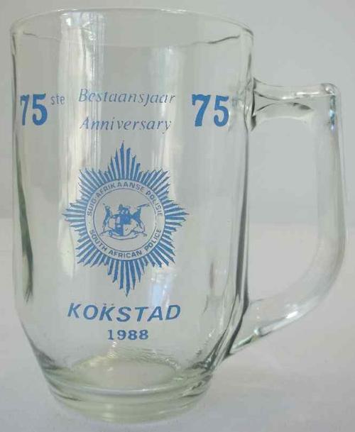 South African Police 1988 75th Anniversary Kokstad Glass Beer Mug - Height 14cm