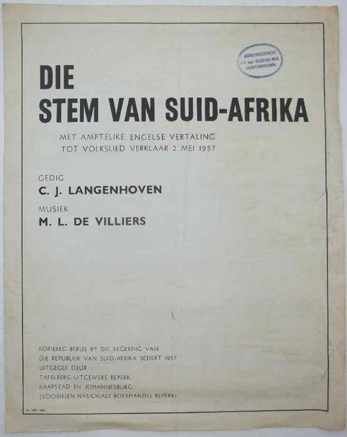 Sheet Music: Die Stem Van Suid-Afrika - CJ Langenhoven; ML De Villiers, 1957