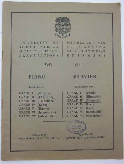 University Of South Africa Music Certificate Examinations 1949-1952 - Piano/Klavier