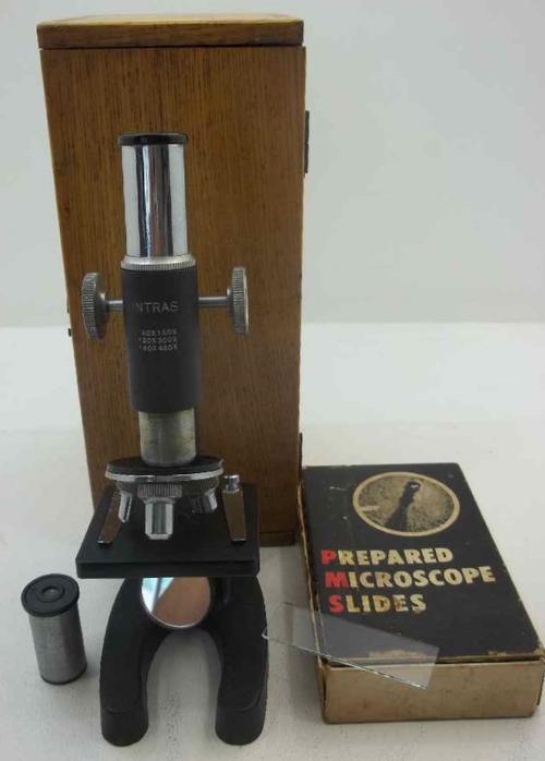 Vintage Intras Microscope + Original Wooden Box & Box Of Prepared Slides (Box Size 12cm/23cm/9,5cm)