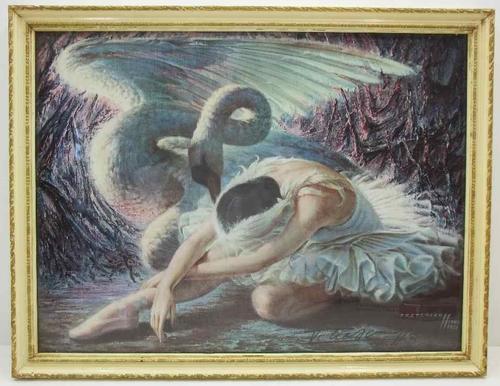 Tretchikoff Dying Swan Signed Print 1955, Framed Behind Glass - 32cm/28cm