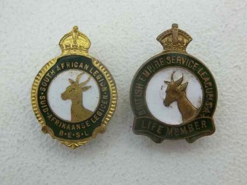 British Empire Service League SA Life Member + South African Legion B.E.S.L. Button Hole Badges