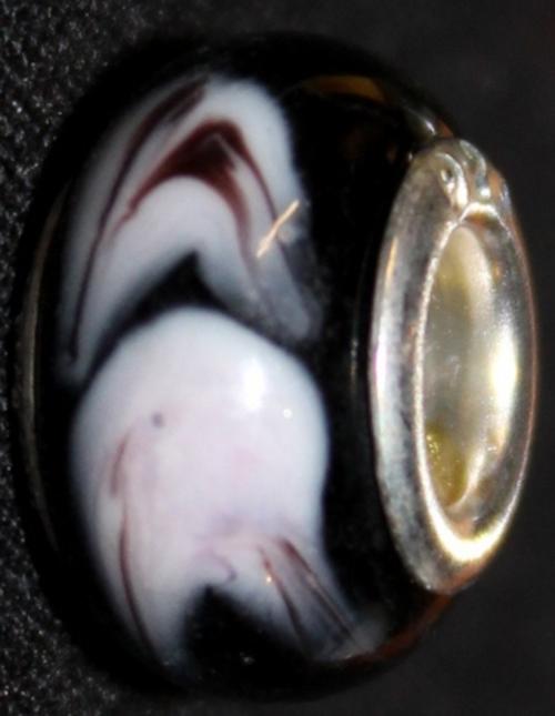 925 Silver European Large Hole Glass Beads Smooth Black with Grey/White Smokey Design 0059