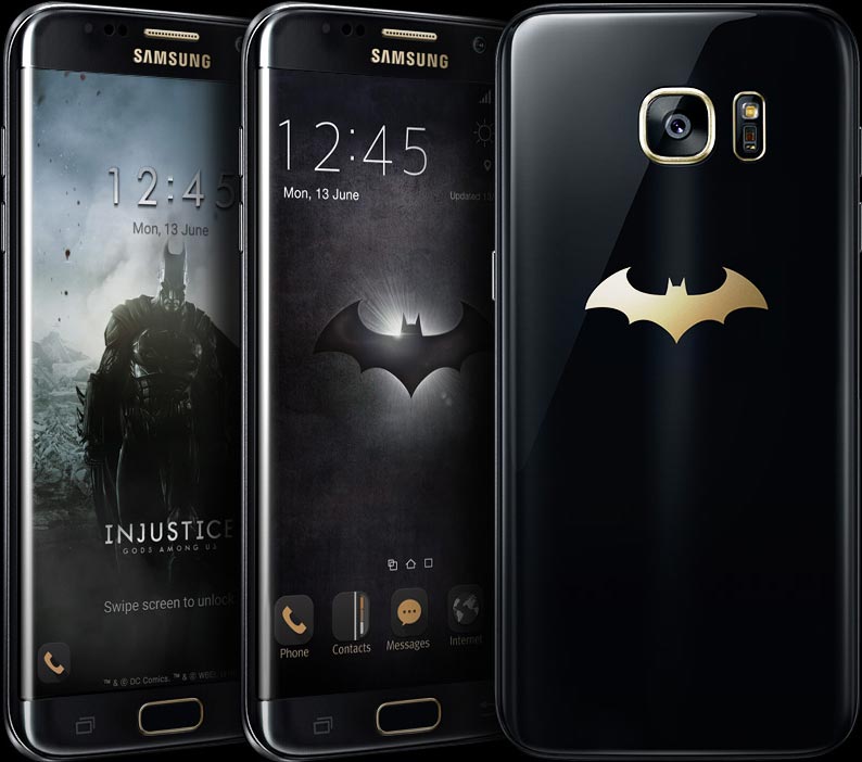 3 Galaxy S7 edge Injustice Edition phones where two are facing forward with images depicting the game Injustice: Gods Among Us on the screen and one facing backward with a gold Batman logo on the back