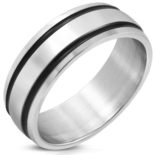 9mm | Stainless Steel Matte Finished 2-tone Grooved Comfort Fit Flat Band Ring Size: US11.5 (W1/2)