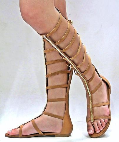 STRAPPY GLADIATOR KNEE-HIGH SANDALS - TAN