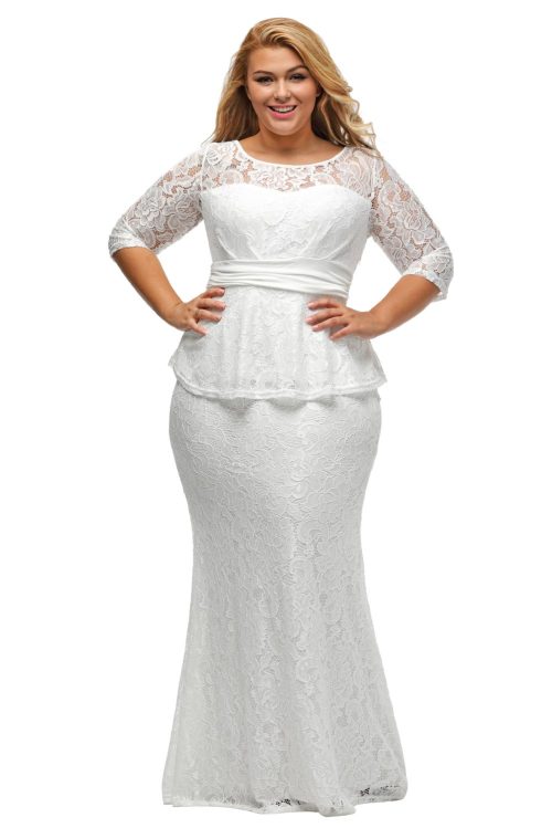 Formal Dresses - ***PLUS SIZE*** WHITE ALL OVER LACE PEPLUM EVENING ...