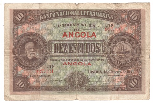 1921 Angola 10 escudos banknote - well used but scarce - steamship seal Type 3