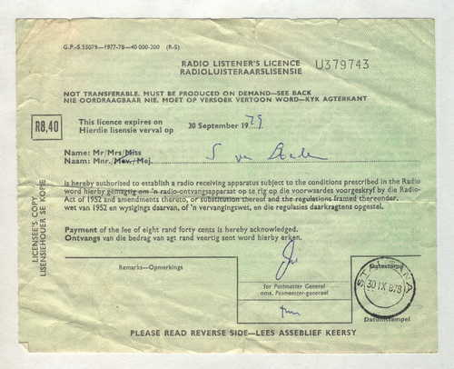 South Africa 1978 Radio Listener's Licence