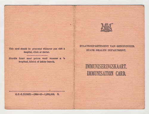 1915 South Africa Immunisation card for Elizabeth van Staden born 31-01-1896