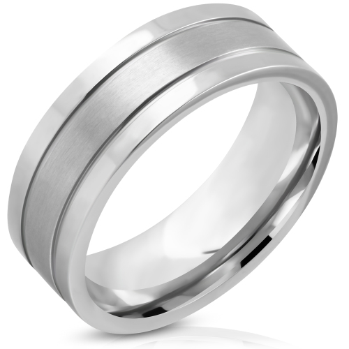 8mm Stainless Steel Matte Finished Grooved Striped Flat Band Ring - RWI026 Size US: 8 / SA: Q