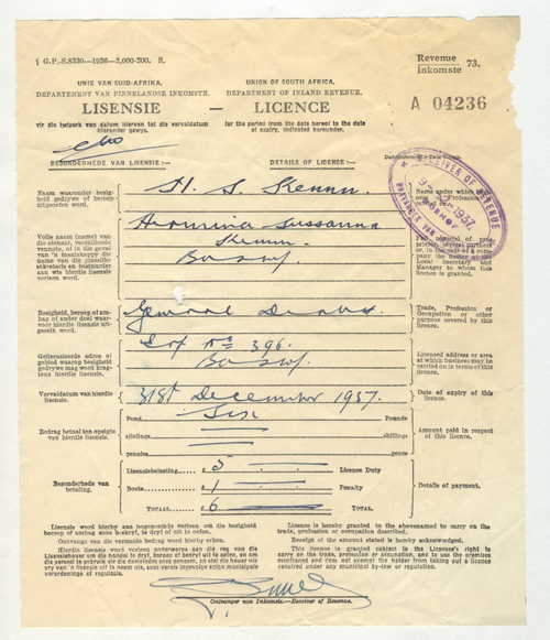 1937 General Dealer's license issued to HS Kenna for a Boshof address - Union of South Africa