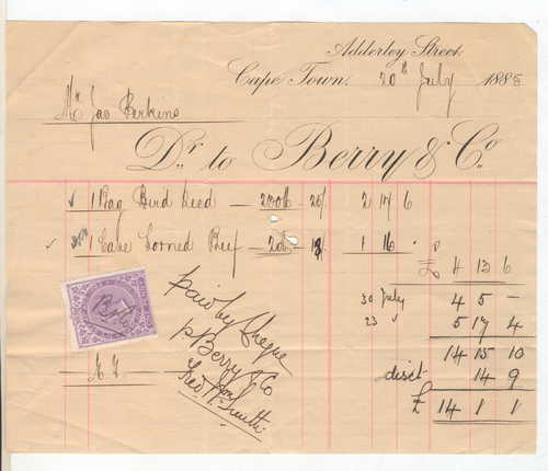 Ephemera -  1885 Old Cape Town account - Dr Berry & Co.