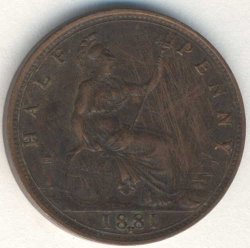 1881 Great Britain half penny - "H" mint mark - XF