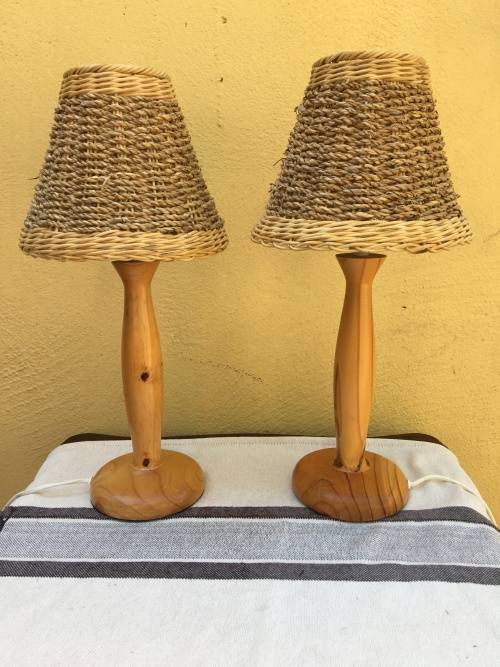 Wall Lighting STUNNING PAIR OF PINE BEDSIDE LAMPS WITH WICKER SHADES