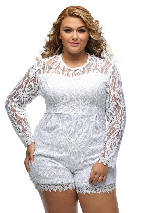 Playsuits And Jumpsuits Plus Size Long Sleeve White Lace Romper