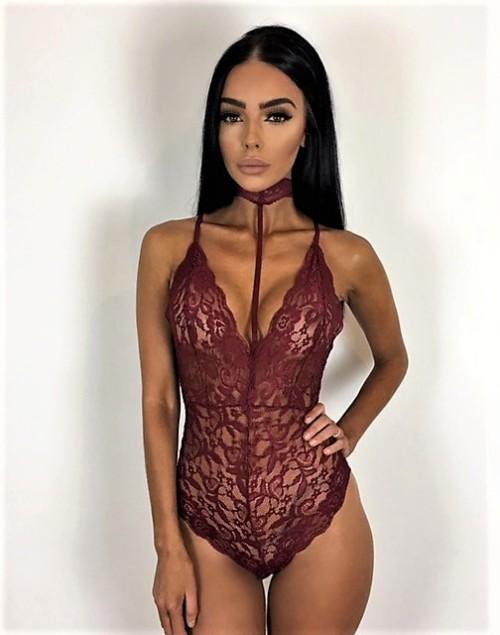 Baby Dolls & Teddies - SEXY BURGUNDY SHEER LACE CHOKER ...