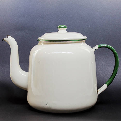 Enamelware CHARMING 1940s VINTAGE CREAM AND GREEN ENAMELWARE TEAPOT