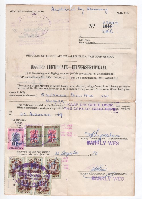 1969 Cape of Good Hope Digger's certificate - Issued in Barkly Wes - Renewed 1970, 1971, 1972, 1973,