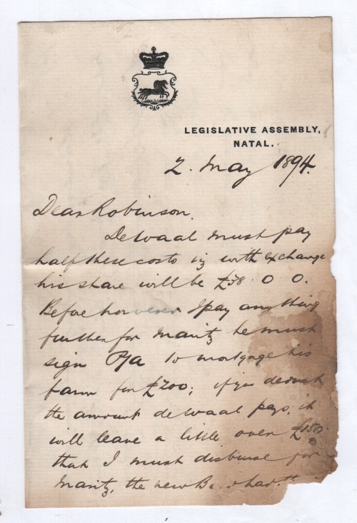 Letter written in 1894 by Herbert H Smith of the Legislative Assembly Natal