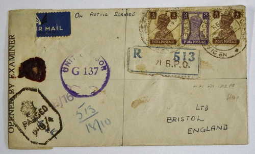 WW2 Letter envelope posted from India to England - Opened by Examiner and passed by Censor