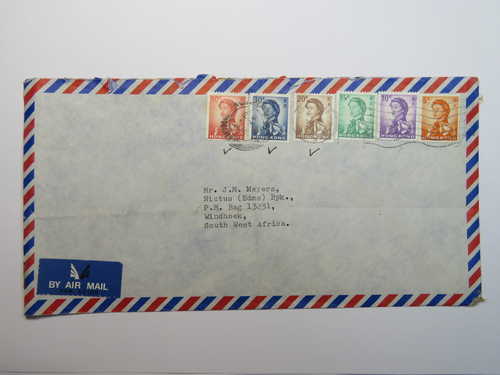 1973 Airmail cover Hong Kong to Windhoek, SWA with 6 colourful Hong Kong stamps
