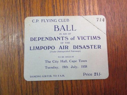 Ticket for the C.P Flying Club Ball in aid of dependents of victims of the Limpopo air disaster 1938