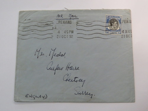 Airmail cover Penang, Malaya to Surrey, England with 50c Malaya stamp cancelled - 21 October 1952