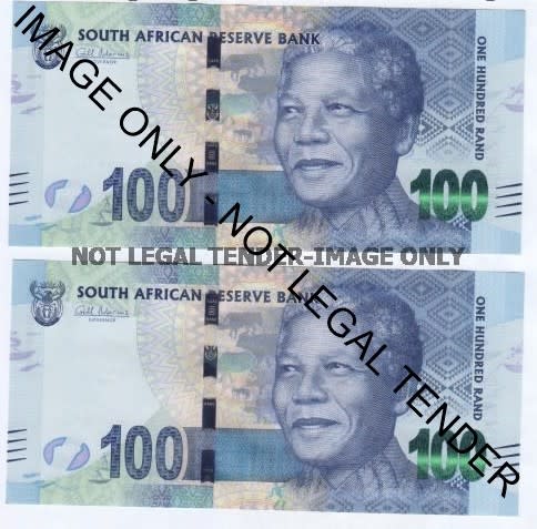 A chance in a million - Pair of South Africa R100 notes with numbers AB 48 34567 D and AB 50 34567 D