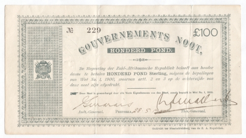 Pretoria Gouvernements Noot 100 Pound - honderd pond - ONLY 2 vertical folds - TOP CONDITION NOTE