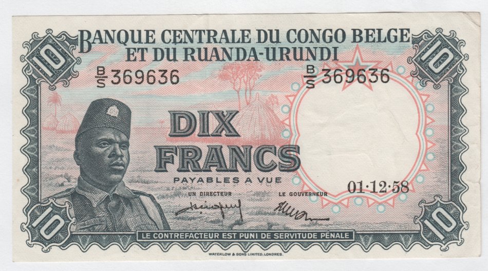 Belgian Congo 10 Francs - 1/12/1958 - AU condition