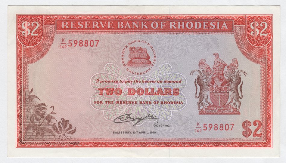10/4/1979 Rhodesia $2 with Cecil John Rhodes watermark instead of Zimbabwe bird - UNC; centre crease