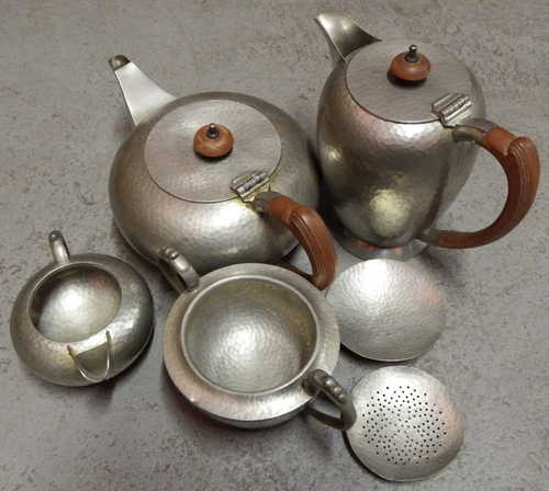 Vintage Pewter coffee and tea set with milk and sugar bowl