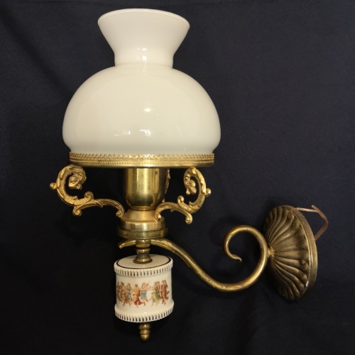 1970's Wall Lamp - Porcelein Painted Base with Milk White Shade - Lantern Syle Wall Light