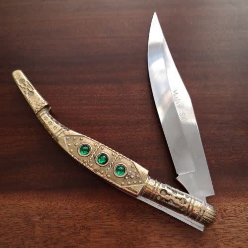 Muela Sigla XVIII Spain - Navaja Folding Knife Brass Handle with Green Glass Stones a