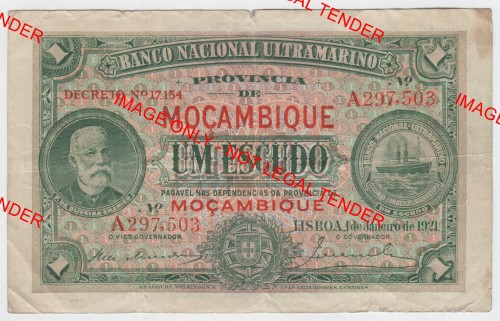 Mozambique Banco Nacional Ultramarina 1921 Mozambique UM Escudo with "Decreto" - VF, small tear