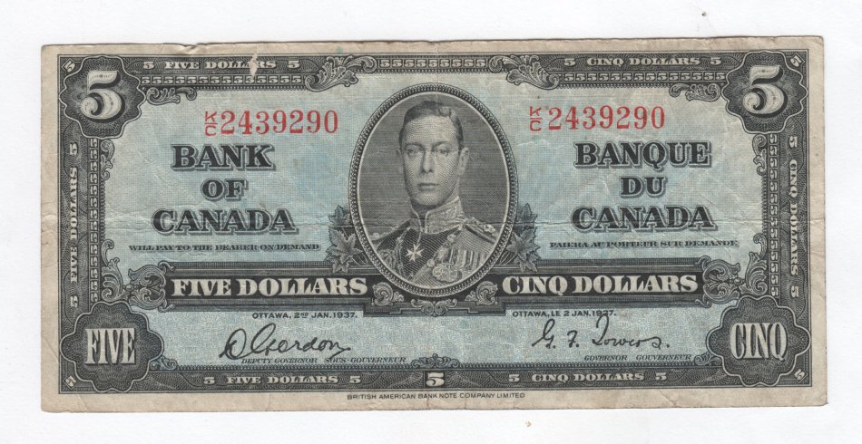 Bank of Canada 5 Dollars 1937 Gordon Towers - UF