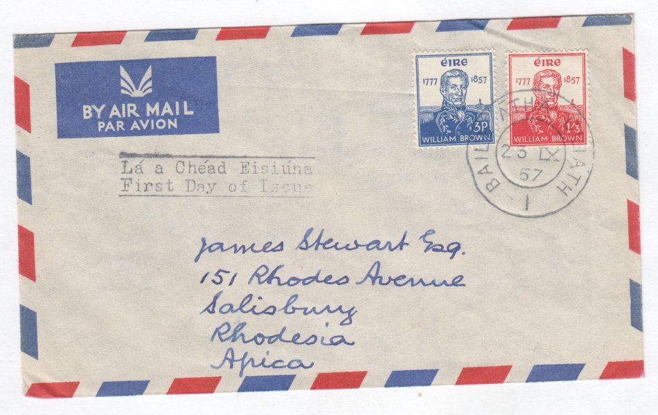 First Day Cover sent from Baile Atha Cliath, Ireland to Salisbury, Rhodesia by Air Mail