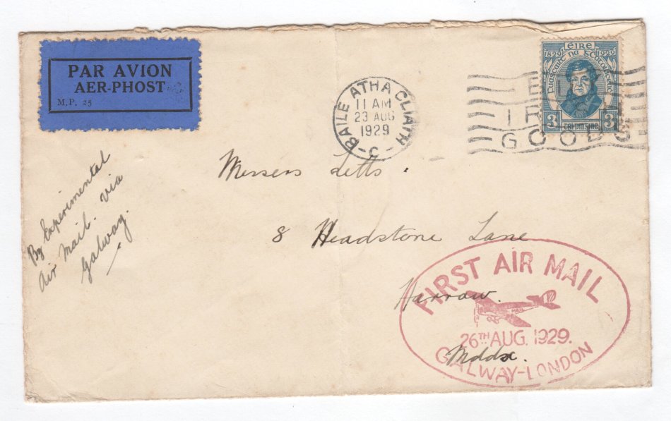Airmail cover from Baile Atha Cliath Ireland to Harrow London via Galway London with Irish stamp