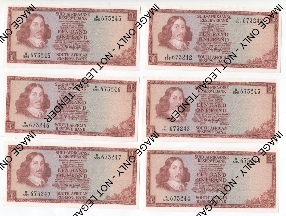 TW de Jongh 1975 lot of 6 R1 banknotes with consecutive numbers