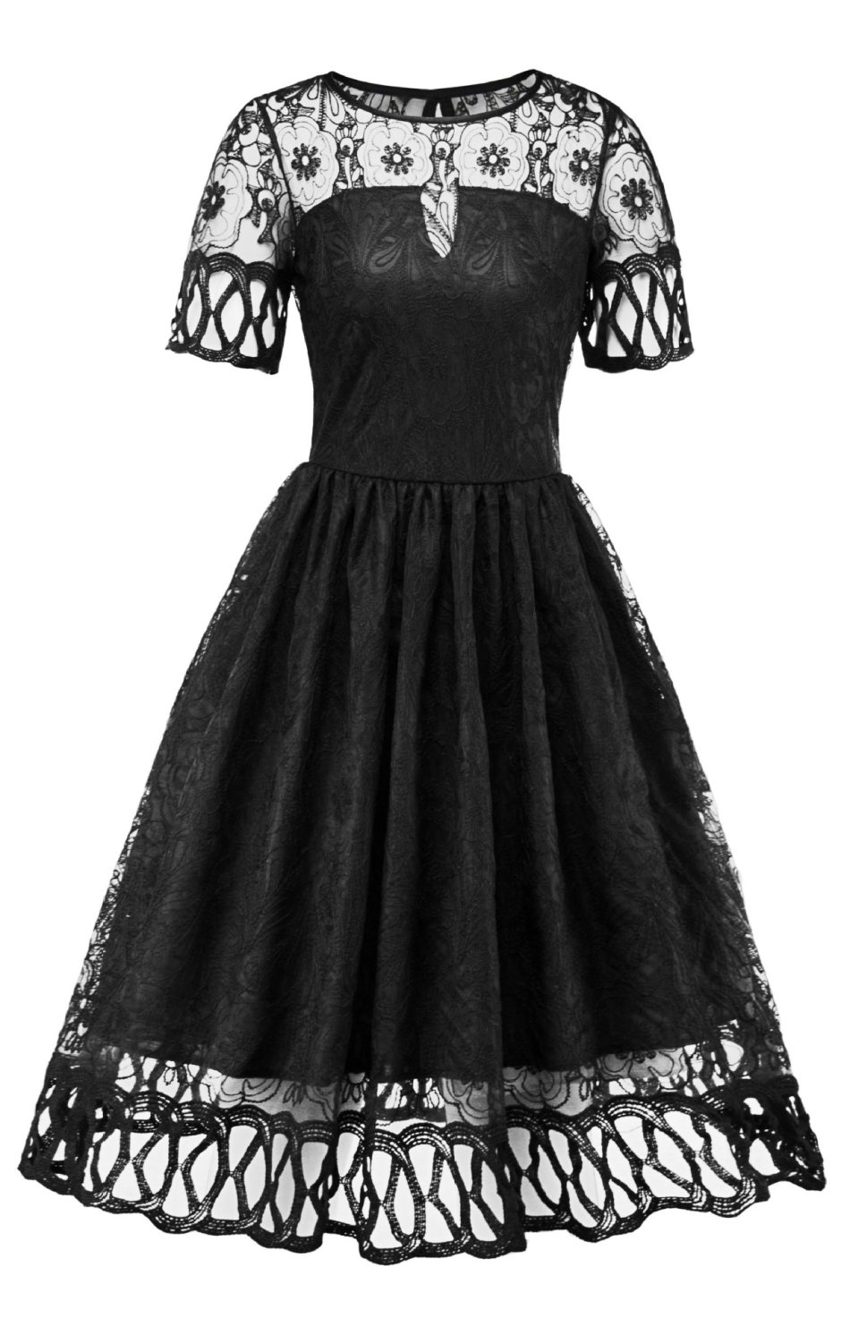 Casual Dresses - Black Pleated Cocktail Vintage Lace Flare Dress - 2XL ...