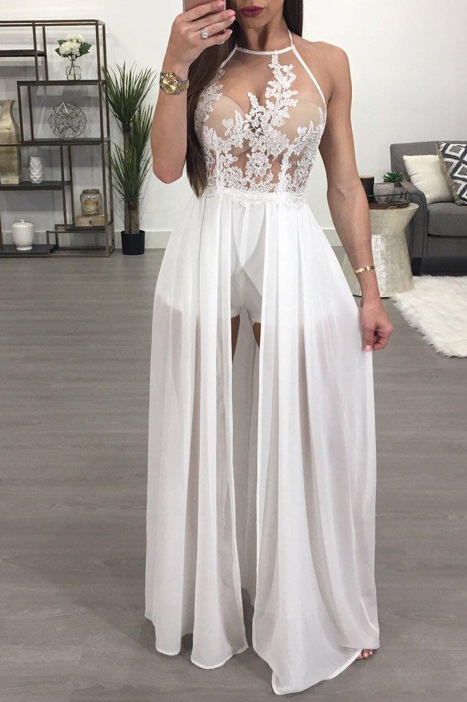 sheer mesh lace applique maxi romper dress