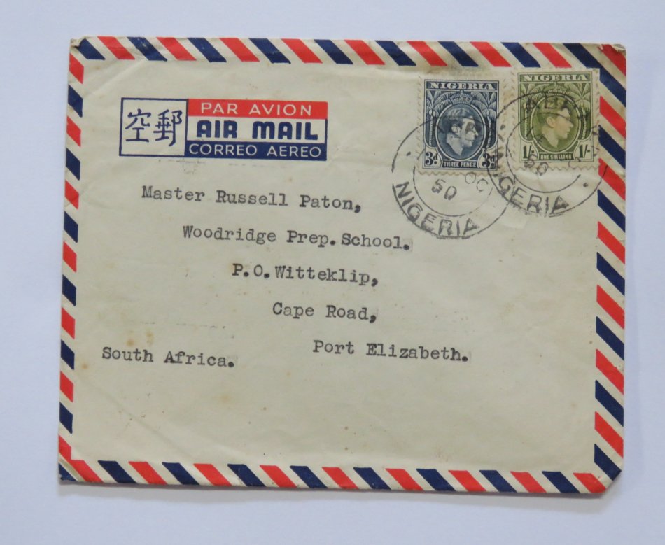 Airmail cover Nigeria to Port Elizabeth, South Africa 1950 with 1 shilling stamp