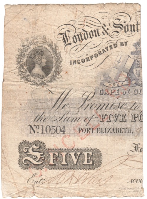 LONDON & SOUTH AFRICA BANK ( 1866-1877 ) FIVE POUND PORT ELIZABETH ISSUED NOTE - HALVED & CANCELLED