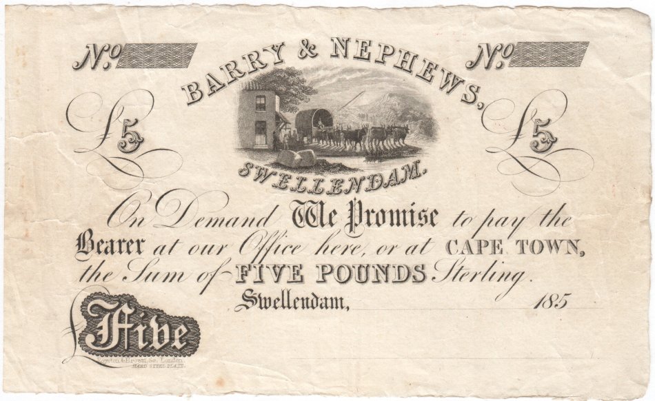 Barry & Nephews Swellendam unissed 1850's Five Pounds banknote - exceptional quality